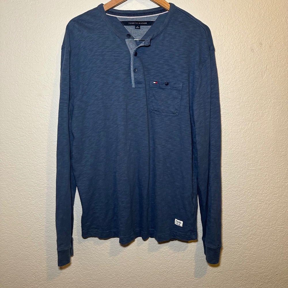 Tommy Hilfigre Mens XL Henley Top Long Sleeve Embroidered Logo‎ Pocket Blue Prep
